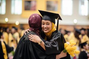 muslim students wearing graduation gowns and mortarboard in graduation ceremony photo