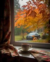 taza de café en un antepecho con otoño hojas en el antecedentes foto