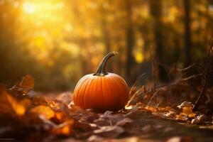 Pumpkin in the autumn forest. Halloween or Thanksgiving background. photo