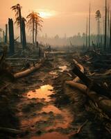 Burned trees in the forest after the fire. Natural disaster. photo