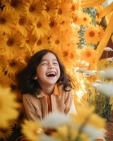 retrato de un contento pequeño niña sonriente con amarillo flores en el antecedentes foto