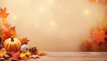 Autumn background with pumpkins, leaves and bokeh lights photo