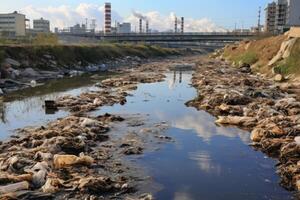 pollution of the environment, polluted water in the river, industrial landscape photo