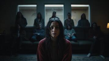 sad woman looking at the camera with abandoned people behind. Mental health day concept photo