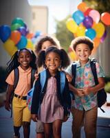 Happy african american school kids with backpacks and colorful balloons in classroom photo