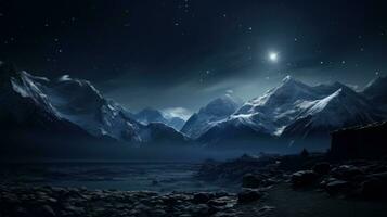 fantasía paisaje con montañas, Luna y estrellas. foto