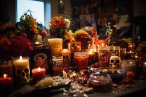 Halloween still life with skulls, candles, flowers and candlesticks photo