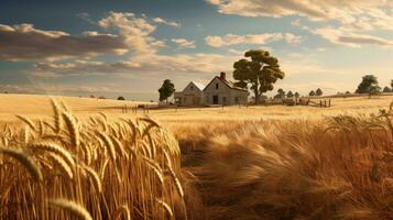 puesta de sol terminado un campo de trigo y un casa de Campo en el antecedentes foto