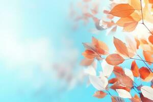 Autumn leaves on the blue sky background with copy space for text photo
