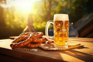 Bavarian pretzel and beer on a wooden table at sunset photo