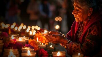 Unidentified Hindu woman lighting candles during Ganga Aarti festival. photo