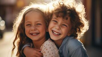 Close up portrait of two little girls hugging each other and looking at camera photo