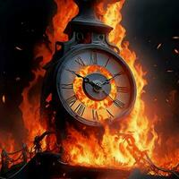 As the clock ignites in flames, the hands spin wildly, counting down to an inevitable fiery end. AI Generated photo