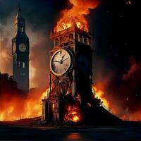 Amidst the inferno, a clock stands tall, its numbers ablaze, reminding us of the fleeting nature of existence. AI Generated photo