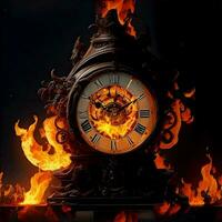 A clock on fire represents the eternal dance of time and chaos, where every second burns brightly before vanishing into the dark abyss. AI Generated photo