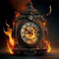 el imagen de un reloj en fuego sirve como un potente símbolo de hora corrimiento lejos, dejando detrás solamente despojos mortales y recuerdos. ai generado foto