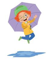 cute boy wearing a raincoat holding an umbrella vector