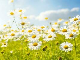 Chamomile flower field. Camomile in nature. Field of daisies on a sunny day in nature. daisy flowers on a summer day. Chamomile floral closeup field background in sunlight. Generative Ai. Stock Photo