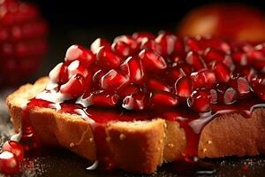 Pomegranate toast, macro shot of a fresh breakfast with Dripping Honey, AI Generated photo