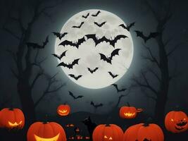 Halloween background with pumpkins, bats, spiders and full moon photo