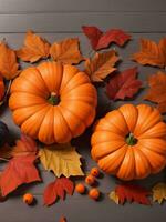 Autumn composition with pumpkins and leaves on dark background. Flat lay, top view. photo