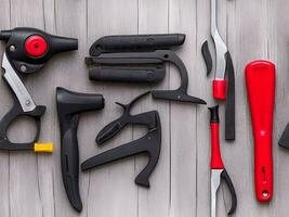 Set of construction tools on wooden background. Top view with copy space with Generative AI photo