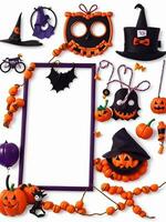 Halloween frame with pumpkins, bats, spiders and spiders on white background photo