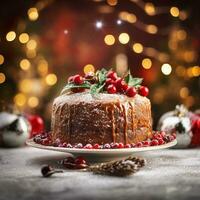 AI Generative Festival Christmas cake on a plate on a background of Christmas lights bokeh photo