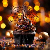 Festival halloween cupcake on a plate on a background of halloween lights bokeh photo