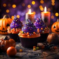 Festival halloween cupcake on a plate on a background of halloween lights bokeh photo