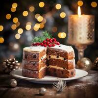 AI Generative Festival Christmas cake on a plate on a background of Christmas lights bokeh photo