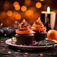 Festival halloween cupcake on a plate on a background of halloween lights bokeh photo