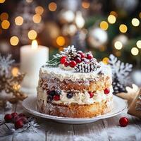 AI Generative Festival Christmas cake on a plate on a background of Christmas lights bokeh photo