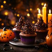 Festival halloween cupcake on a plate on a background of halloween lights bokeh photo