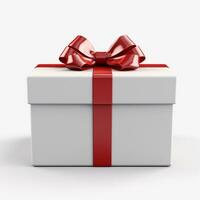 Blank white present box open separate with red ribbons and bow isolated on white grey background with shadow and blank space minimal conceptual 3D AI GENERATIVE photo