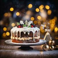 AI Generative Festival Christmas cake on a plate on a background of Christmas lights bokeh photo