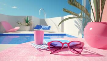 AI Generative 3D A table with pink sunglasses by a pool with some plants and flowers on summer photo