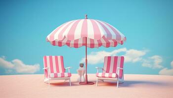 AI GENERATIVE 3D beach scene with chairs and the beach umbrella on blue background in style of light pink and crimson in summer sea beach photo