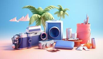 AI Generative travel and vacation summer 3D model pink and blue object an old fashioned camera palm photo