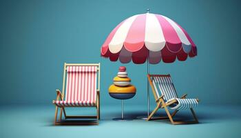 AI GENERATIVE 3D beach scene with chairs and the beach umbrella on blue background in style of light pink and crimson in summer sea beach photo