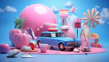 AI Generative 3D A pink car on summer sea beach photo