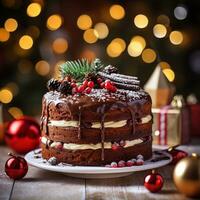 AI Generative Festival Christmas cake on a plate on a background of Christmas lights bokeh photo