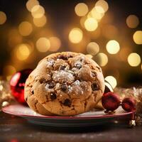 AI generative Chocolate chip cookies on a plate on a background of Christmas lights bokeh photo