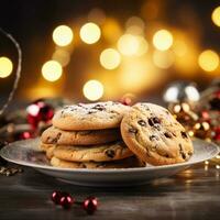 AI generative Chocolate chip cookies on a plate on a background of Christmas lights bokeh photo