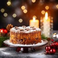 AI Generative Festival Christmas cake on a plate on a background of Christmas lights bokeh photo