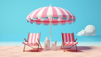 AI GENERATIVE 3D beach scene with chairs and the beach umbrella on blue background in style of light pink and crimson in summer sea beach photo