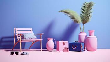 AI Generative 3D A room with pink object for summer vacation sun glasses, travel bag, vase, suitcase, chair on pink and blue background photo