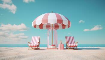 AI GENERATIVE 3D beach scene with chairs and the beach umbrella on blue background in style of light pink and crimson in summer sea beach photo