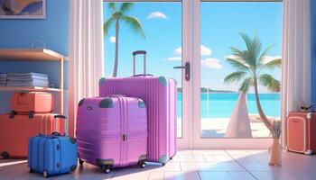 AI Generative 3D rendering A room with object for summer vacation sun glasses, travel bag, vase, suitcase, chair on sea beach background photo