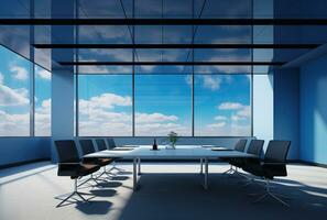 Modern office meeting room interior with glass windows. Created with Generative AI photo